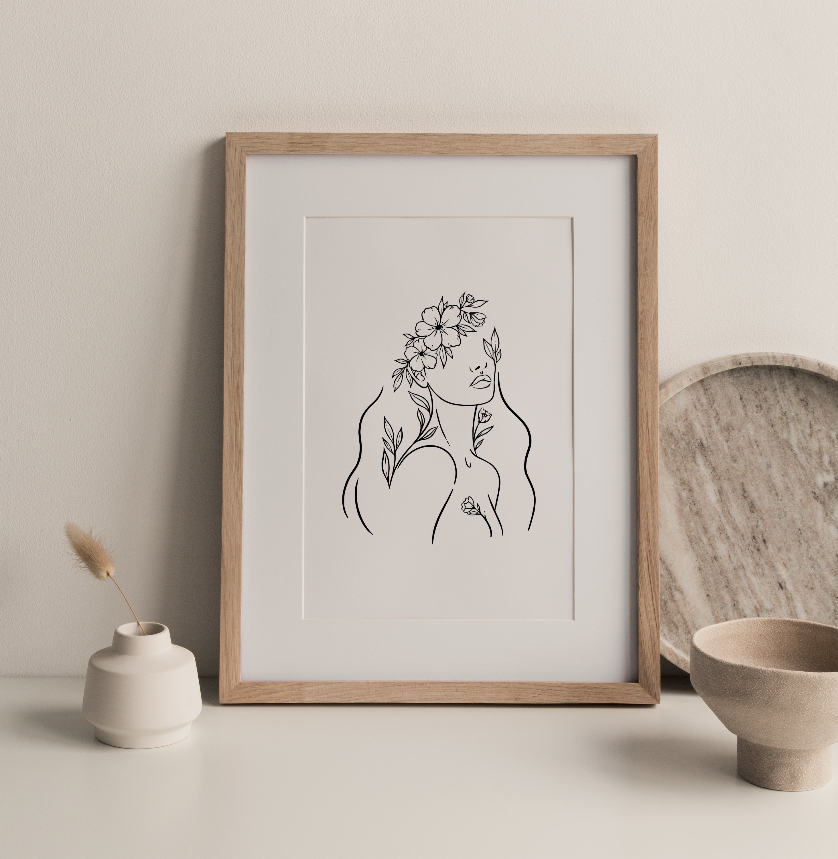 Head of Flowers Art Print Line Art Woman With Flowers Flower Etsy