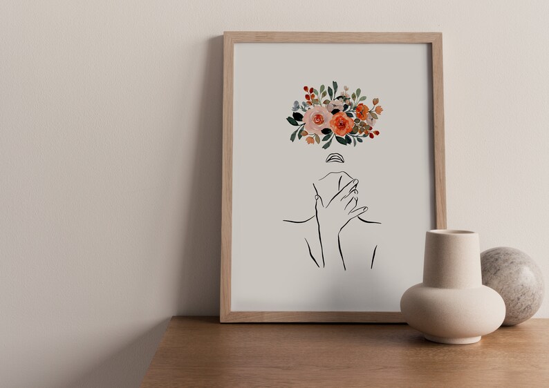 Line Art Woman With Flowers Flower Woman Line Art Woman With Flowers Wall Art Minimal Line Drawing Woman Head Of Flowers Art Print
