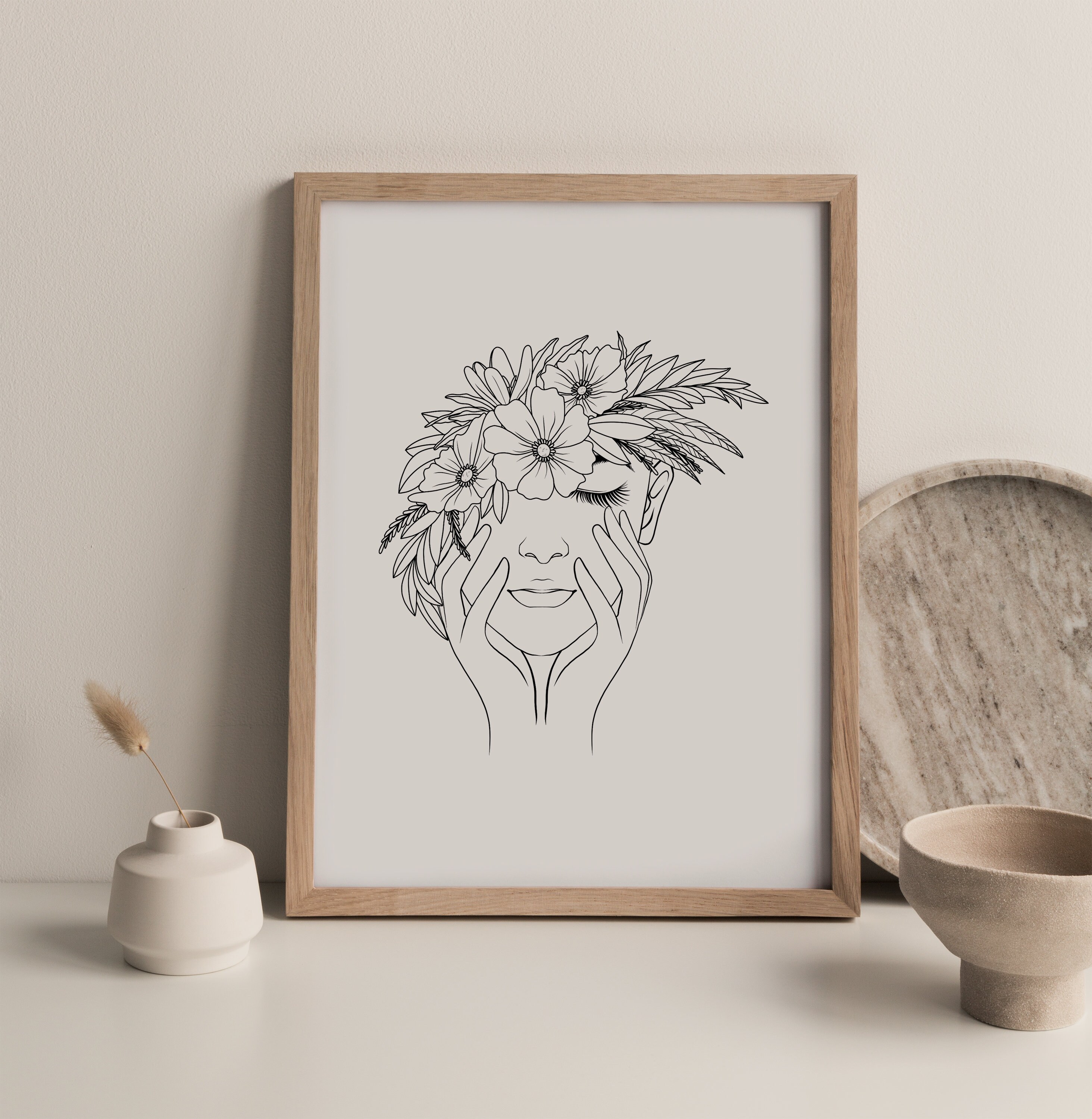 Head of Flowers Art Print Line Art Woman With Flowers Flower Etsy