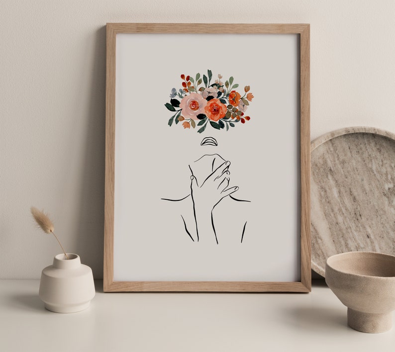 Head of Flowers Art Print Line Art Woman With Flowers Flower Etsy