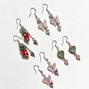 Pretty dangle earrings sterling silver hooks | strawberry, butterfly, heart, beads