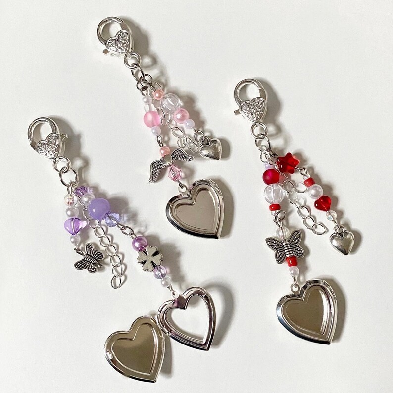 Heart Locket Keychain Butterfly Beads Charm Etsy