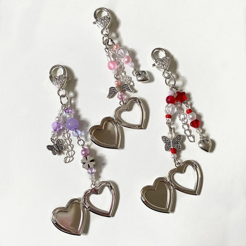 Heart Locket Keychain Butterfly Beads Charm Etsy