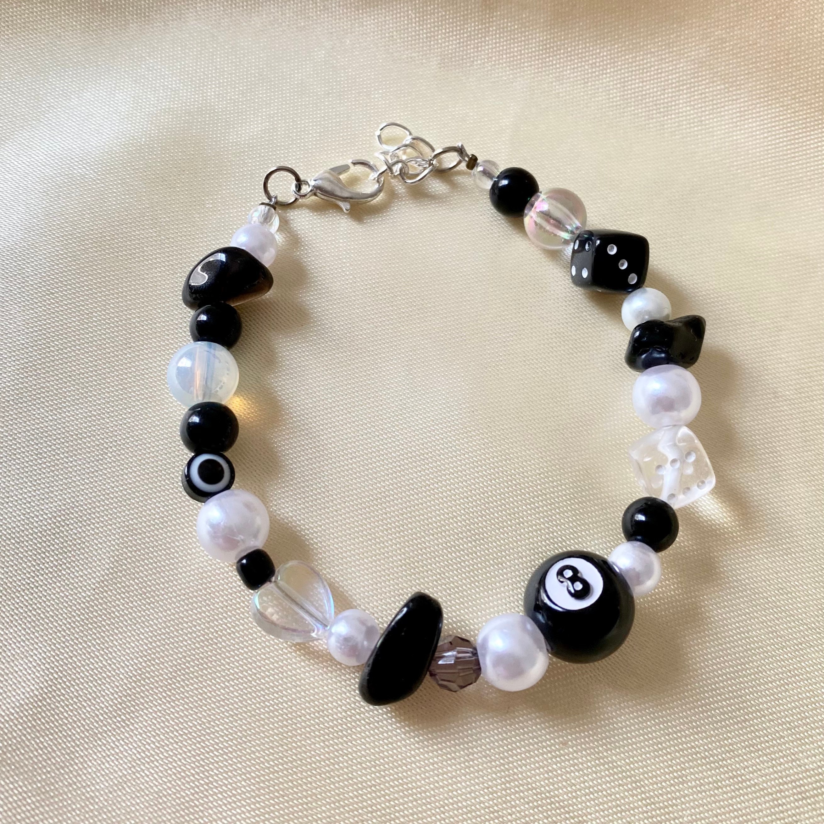 Black and White Grunge Mismatched Bead Bracelet / Dice, 8 Ball, Crystals,  Heart Y2k 