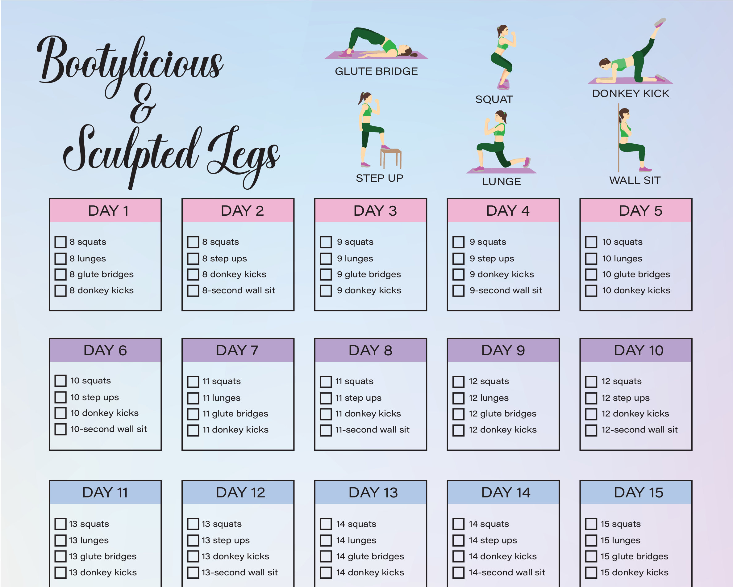 30 Day Leg Challenge, 30 Day Butt Challenge Home Workout Planner