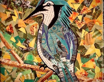 ink and acrylic on canvas cut paper Blue Jay Original wildlife collage art Birds whimsical