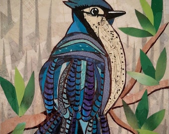ink and acrylic on canvas cut paper Blue Jay Original wildlife collage art Birds whimsical