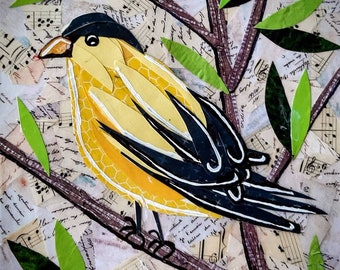ink and acrylic on canvas cut paper Blue Jay Original wildlife collage art Birds whimsical
