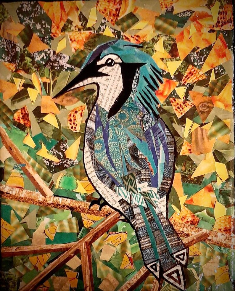 ink and acrylic on canvas cut paper Blue Jay Original wildlife collage art Birds whimsical