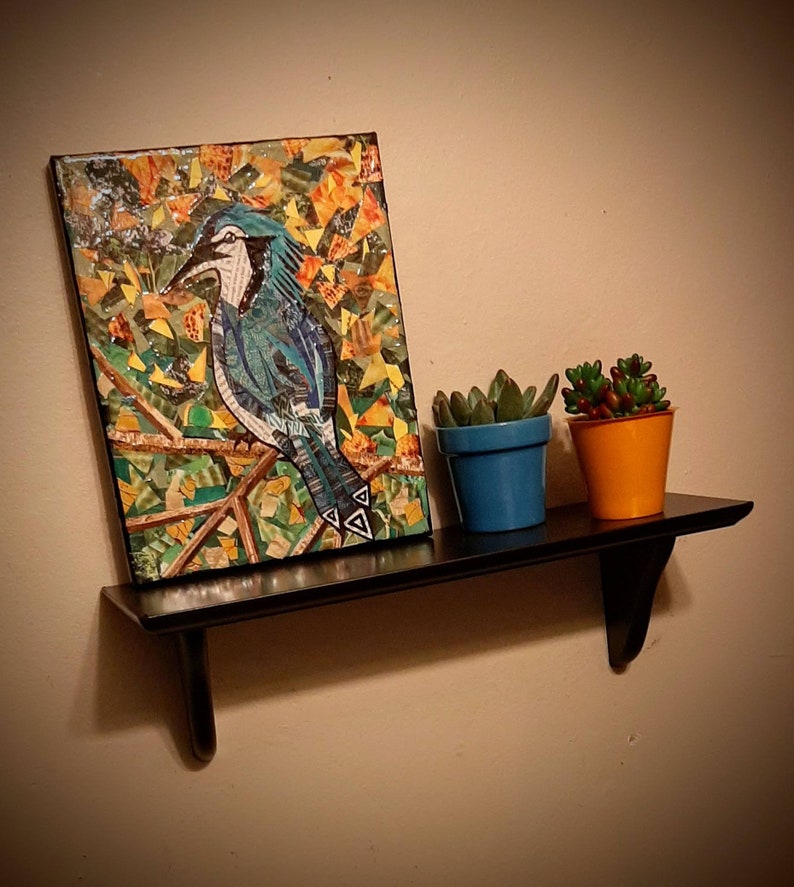 ink and acrylic on canvas cut paper Blue Jay Original wildlife collage art Birds whimsical