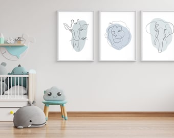 Blue Safari Animal Line Art Prints, Nursery Decor Set of 3 (Digital Download)
