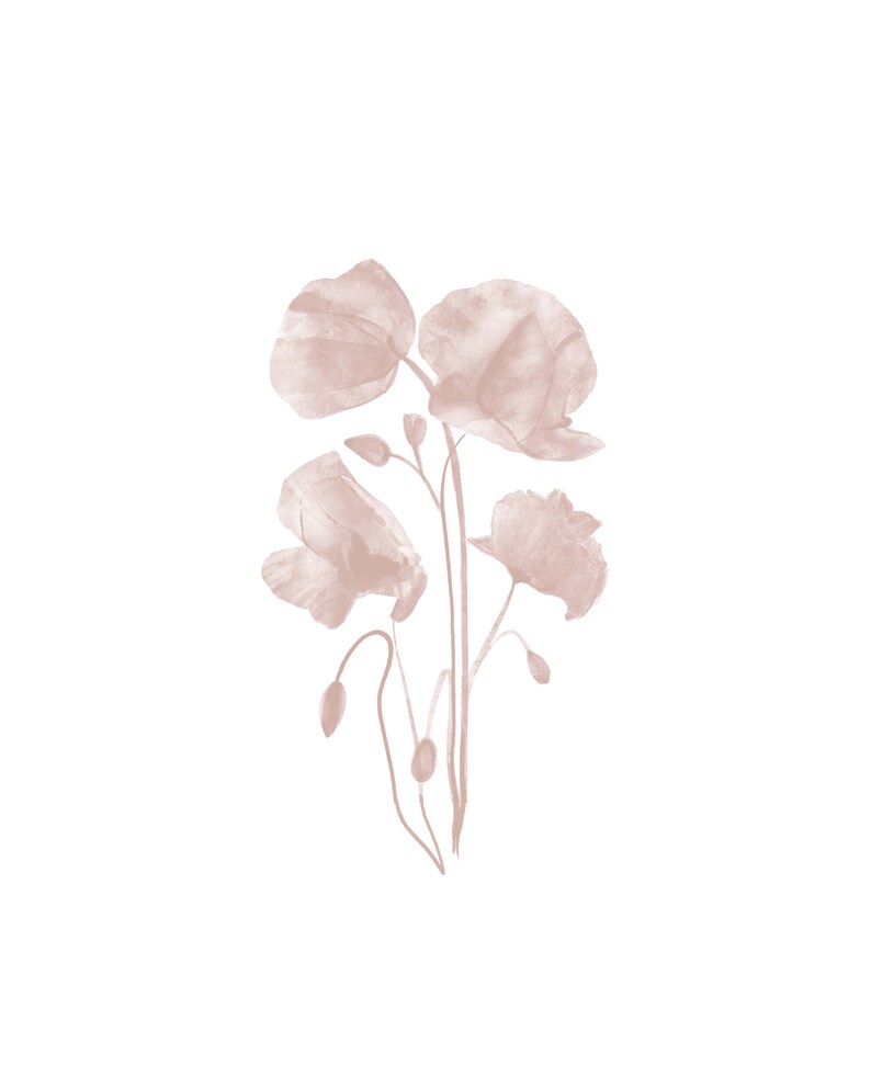 May include: A watercolor painting of a bouquet of pink poppies with stems and buds.