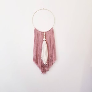 Wall Hanging in Dusty Pink with White and Gold Tassel| Boho Wall Hanging | Yarn Wall Hanging