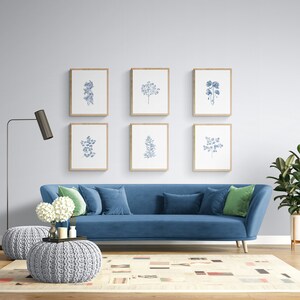Set of 6 Botanical Watercolor Digital Prints in Navy, Printable Botanicals, Botanical WALL ART Leaves & Flowers Art, Modern Printable Art