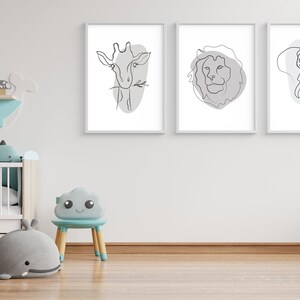 Gray Safari Set of 3 Nursery Wall Art, Animal Print Line Drawing, Safari Nursery Art, Modern Nursery Art, Minimalist Kid Room Art Decor