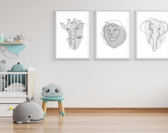 Gray Safari Animal Line Art Prints, Nursery Decor (Digital Download)