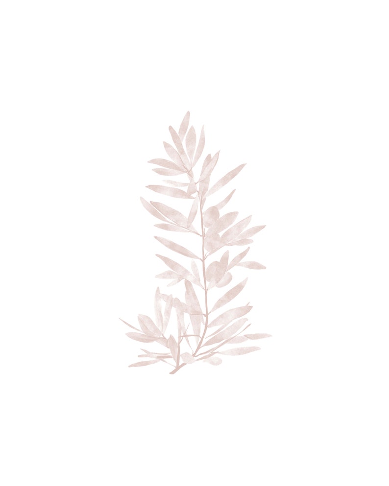 May include: A watercolor illustration of a branch with delicate, light brown leaves. The leaves are arranged in a natural, flowing pattern, creating a sense of movement and growth.