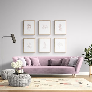 May include: A pink sofa with six framed botanical prints above it. The prints feature delicate line drawings of flowers and plants in a muted pink color. The sofa is in a living room setting with a floor lamp, a potted plant, and a gray pouf.