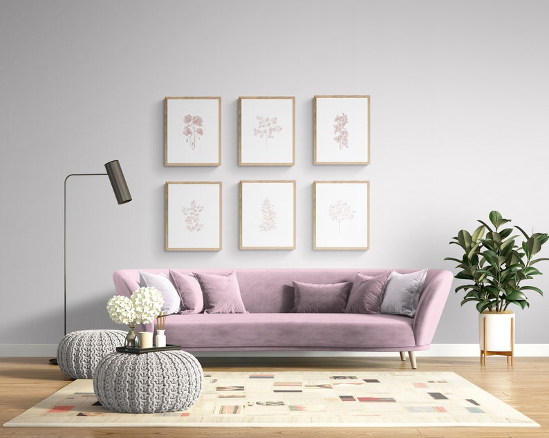 May include: A pink sofa with six framed botanical prints above it. The prints feature delicate line drawings of flowers and plants in a muted pink color. The sofa is in a living room setting with a floor lamp, a potted plant, and a gray pouf.