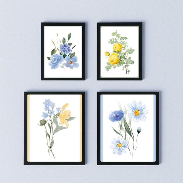 Juego de 4 flores amarillas y azules para pared, impresiones de acuarela, decoración botánica para el hogar, decoración infantil, descarga digital
