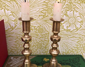 One Pair Of Small Edwardian Diamond Pattern Brass Candlestick Holders