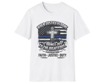 Police Christian Shirt Proverbs 21:15 Thin Blue Line Cross Tee for First Responders Faith Based Christian Apparel Gift Tee Bible Verse Shirt