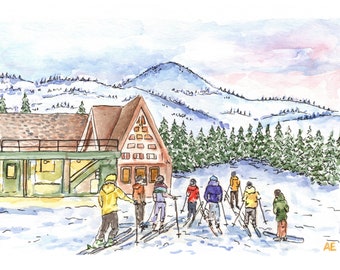 May include: A watercolor painting of a group of skiers in wintery mountain scenery. The skiers are wearing colorful jackets and are standing in front of a wooden cabin with a snow-covered roof. The background features a mountain range with a blue sky and pink clouds.