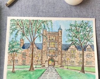 May include: Watercolor painting of a stone building with a central archway and two towers. The building is surrounded by green grass and trees. The painting is signed "AE '24" in the bottom right corner.