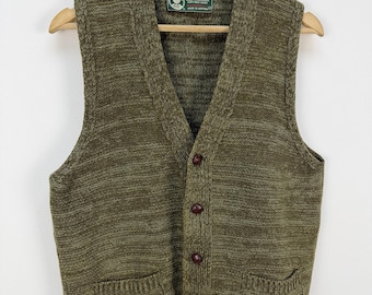 Chaleco de lana austriaco vintage de Jagdstrickware, color verde oliva, suéter de caza, talla M