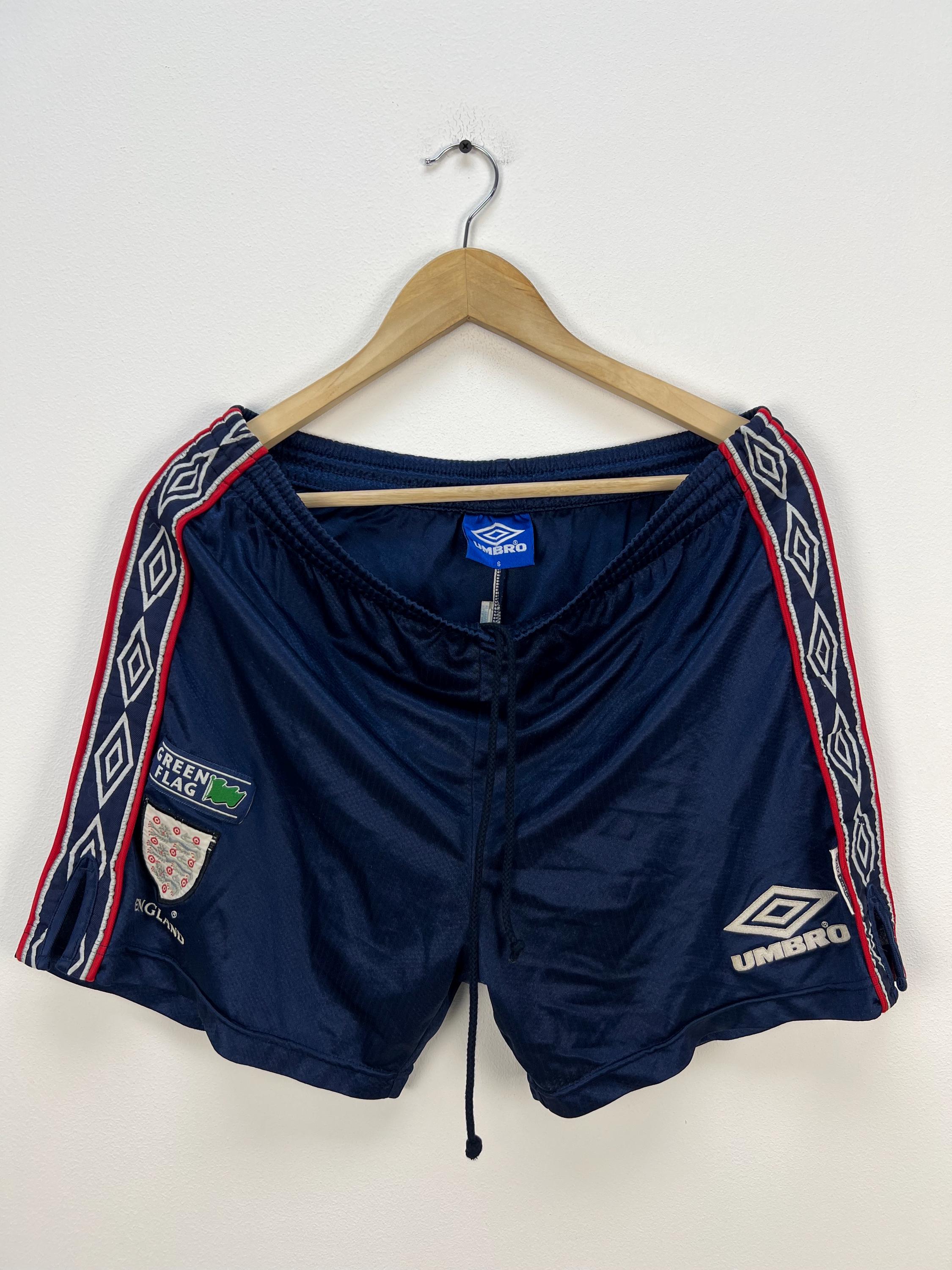 Vintage Umbro England Football Shorts 90s Navy Green Flag Sponsor
