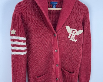 Cárdigan universitario Ralph Lauren, suéter de punto rojo con logo de ala, talla XL para mujer