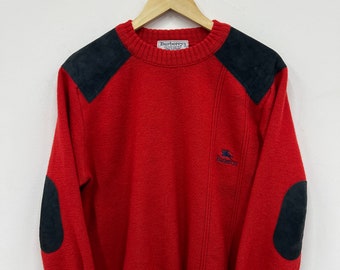 90s Burberrys suéter de lana roja Jumper Logo codo parches tamaño masculino M