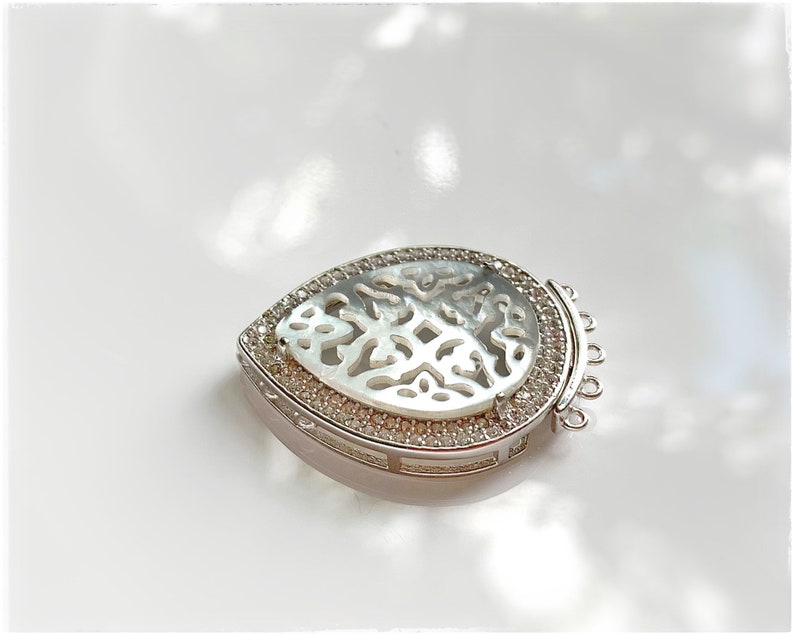 STERLING SILVER box clasp, ZIRCONIAS, carved mother of pearl, studded, filigree, multi strand, sparkling, elegant, vintage style image 2