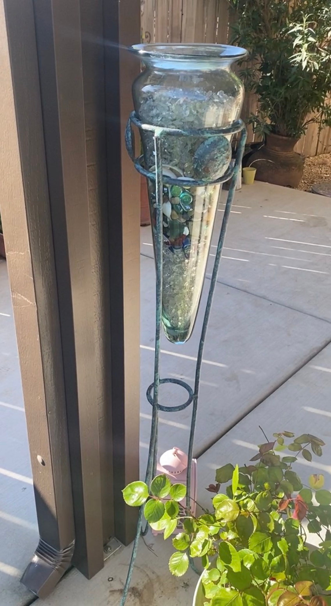 Rare Vintage Glass Floor Vase With Tall Turquoise Wrought Iron Etsy