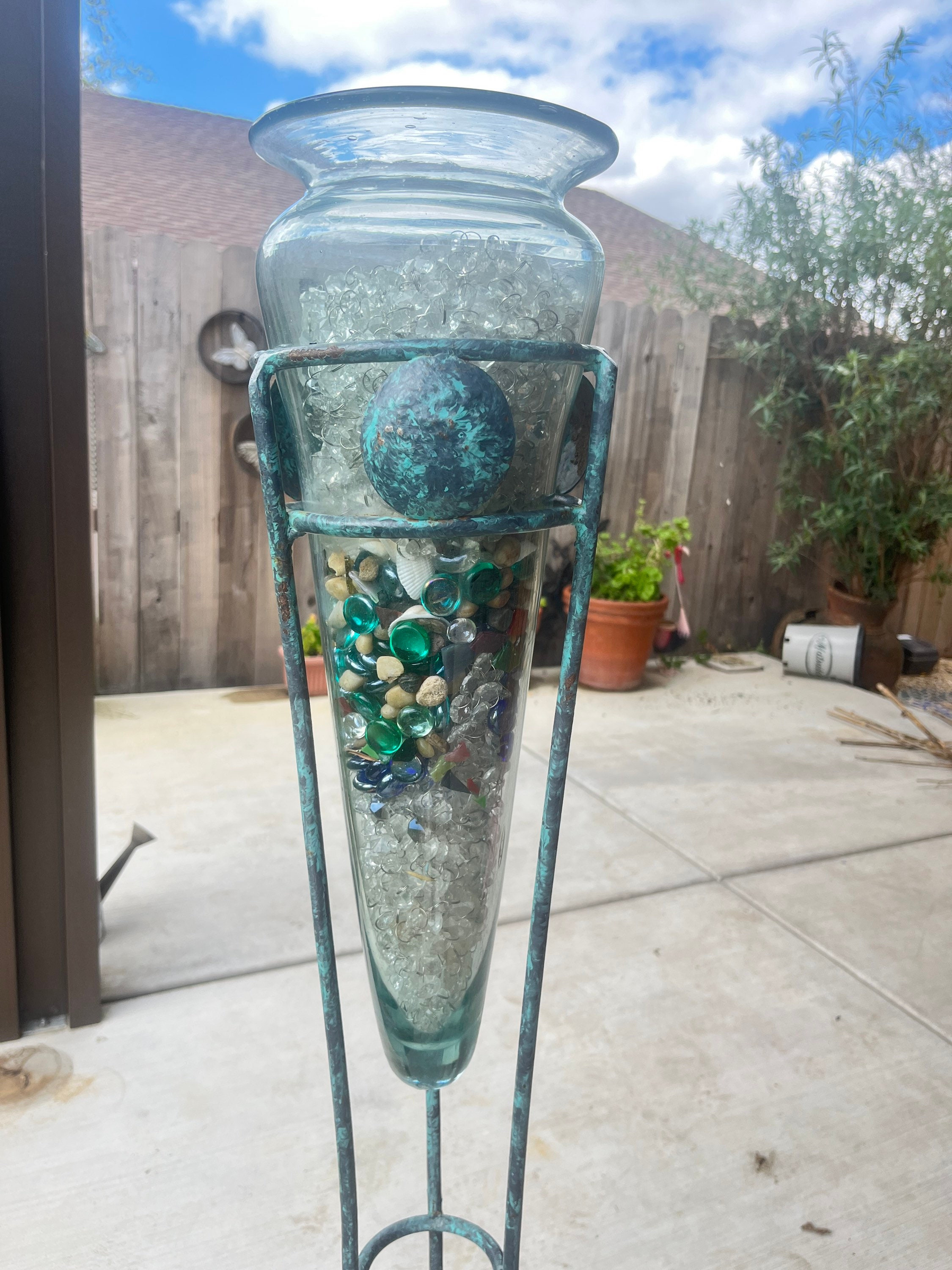 Rare Vintage Glass Floor Vase With Tall Turquoise Wrought Iron Stand Etsy
