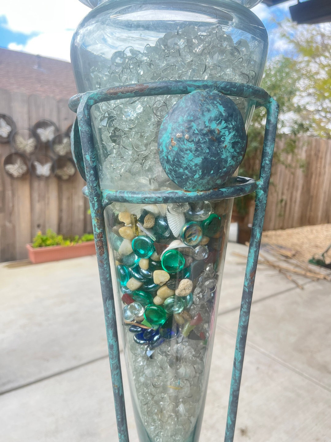 Rare Vintage Glass Floor Vase With Tall Turquoise Wrought Iron Stand Etsy