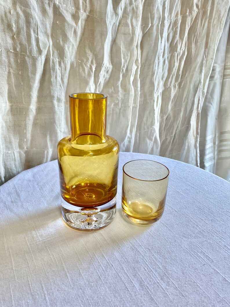 Mid Century Modern Krosno Poland Amber Crystal Carafe Decanter Tumbler