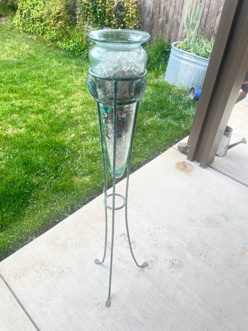 Rare Vintage Glass Floor Vase With Tall Turquoise Wrought Iron Stand Etsy