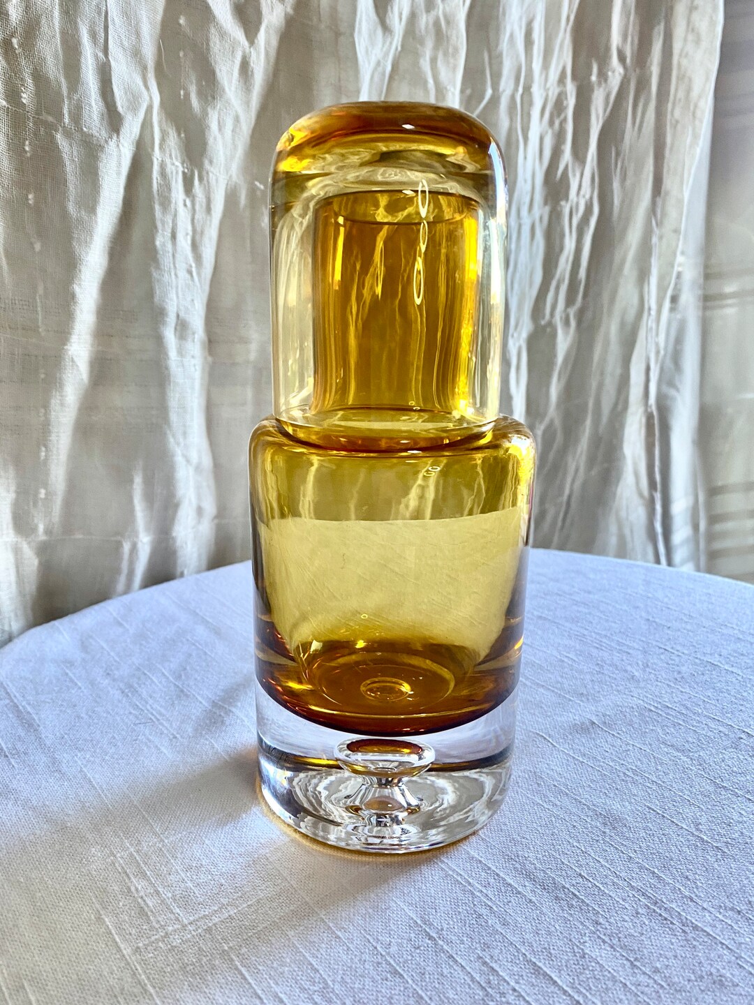 Mid Century Modern Krosno Poland Amber Crystal Carafe Decanter Tumbler