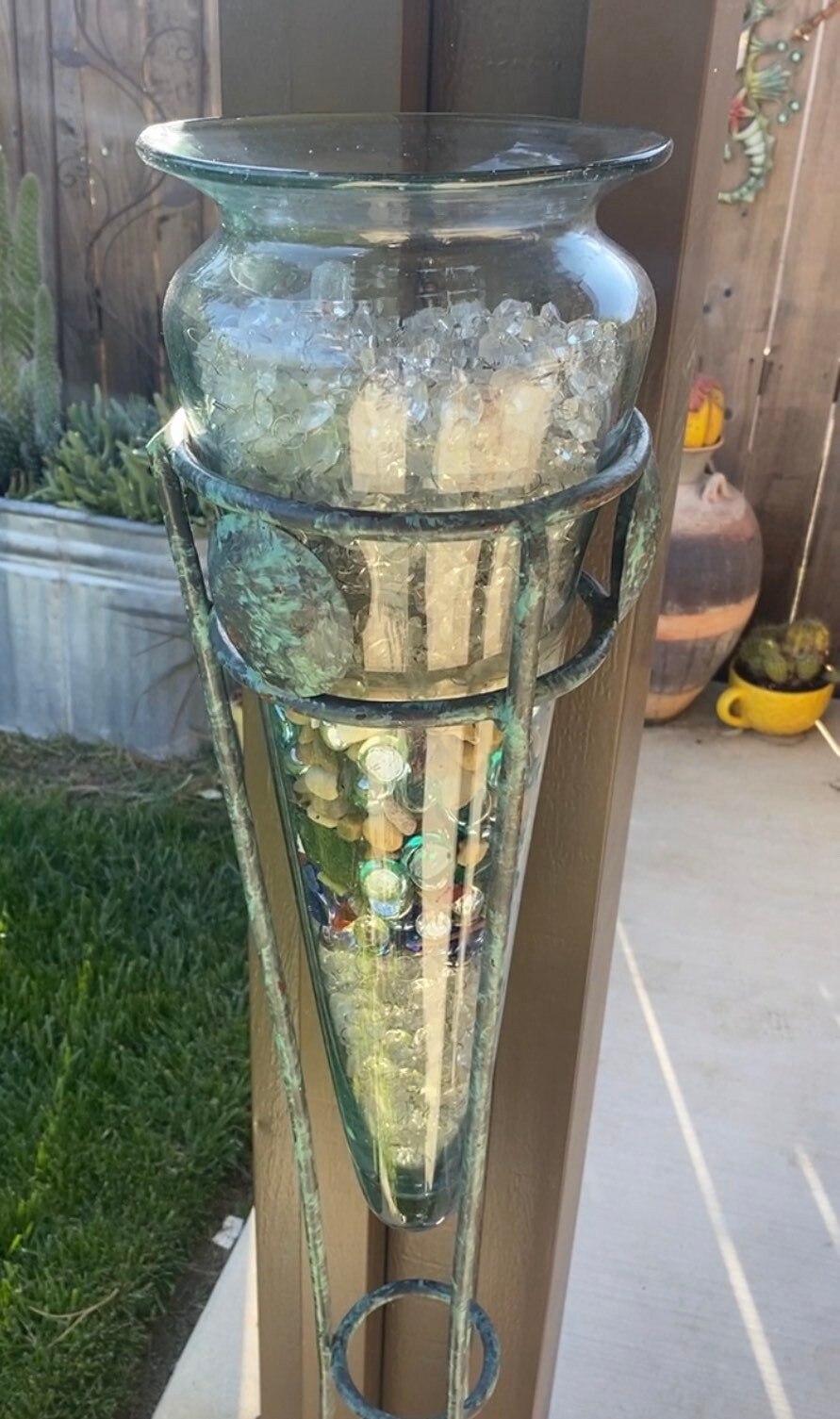 Rare Vintage Glass Floor Vase With Tall Turquoise Wrought Iron Stand Etsy