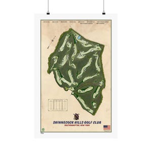 Club de golf de Shinnecock Hills | New-York | affiche vintage de carte de terrain de golf | Parfait pour les amateurs de golf | Cadeau pour lui | Décoration murale pour chambre d'homme