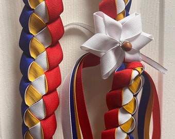 Red, Blue ,Yellow and White Graduation Lei with 1 White Flower Ribbon