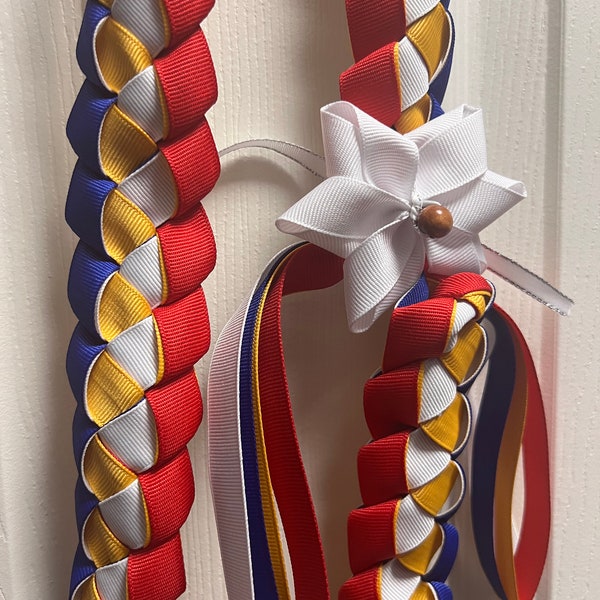 Red, Blue ,Yellow and White Graduation Lei with 1 White Flower Ribbon