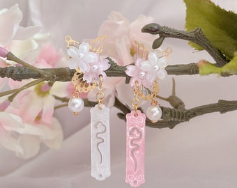 Asymmetric cherry blossom butterfly wing earrings | wind chime earrings | japanese earrings | hanfu accessories | gift for her | tassel