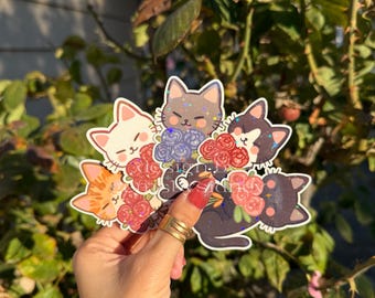 Katze mit Rosen Sticker: Wasserfester Vinyl-Aufkleber mit Holographischen Sternen