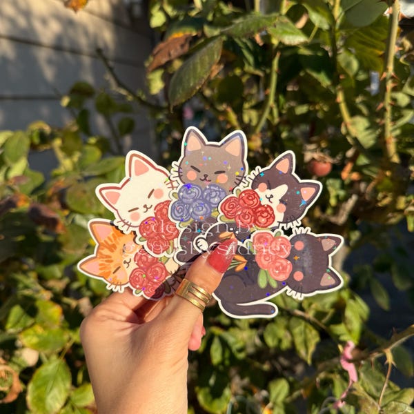 Cat with Roses Sticker: Waterproof Vinyl Decal with Holographic stars
