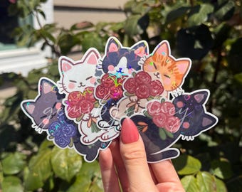 cat stickers | bouquet sticker | gift for cat lover | cat sticker | laptop, water bottle sticker | waterproof sticker | holo sticker |