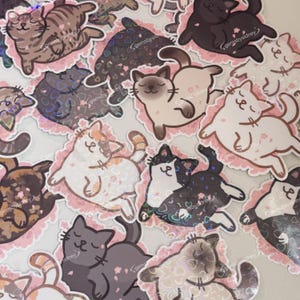 cat stickers | cherry blossom sticker | gift for cat lover | cat sticker | laptop, water bottle sticker | waterproof sticker | holo sticker