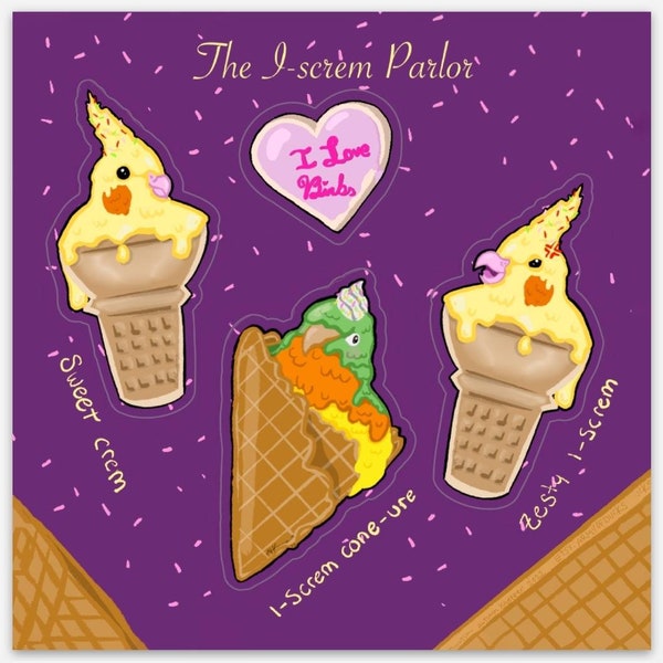 I screm ice cream parlor bird ice cream sticker sheet with 3 different birds and a heart cookie, cockatiel, angry cockatiel, conure