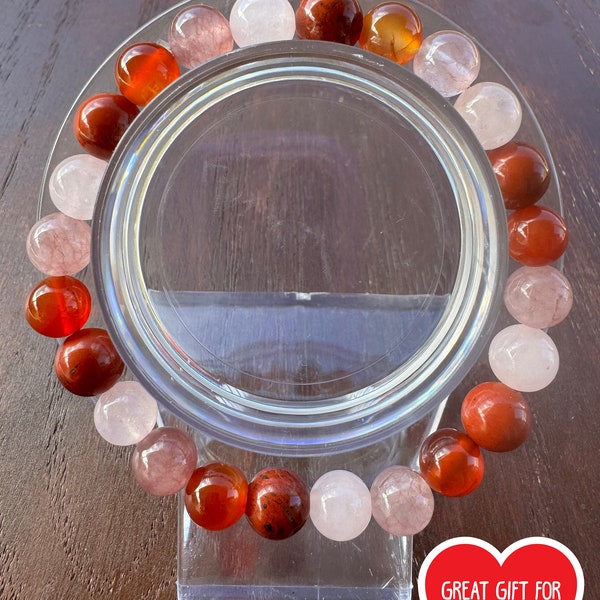 Attract Love Bracelet: Red Jasper, Carnelian, Rose Quartz & Strawberry Quartz - 8MM Stretchy Beaded, 7 inches - Unisex Chakra Jewelry